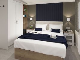 Picture of the twin bedroom in a 2024 40 x 13 2 bedroom Willerby Sheraton sited on the Orchard Holiday Park, Wells next the Sea, North Norfolk.