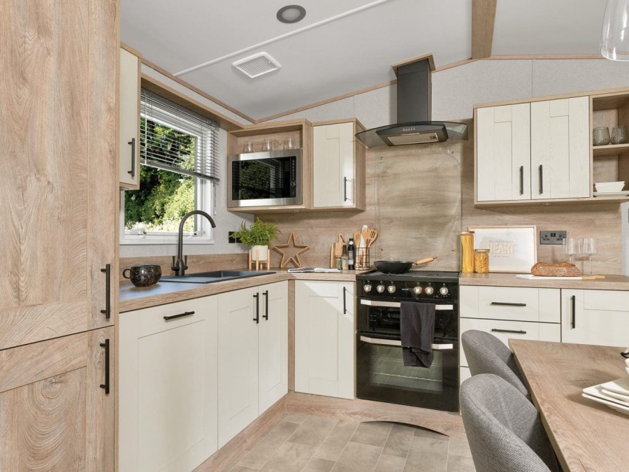 Picture of the kitchen in a ABI Beverley 39 x 12  2 bedroom Static Holiday Caravan sited at Friary Farm Caravan Park, Blakeney, North Norfolk.