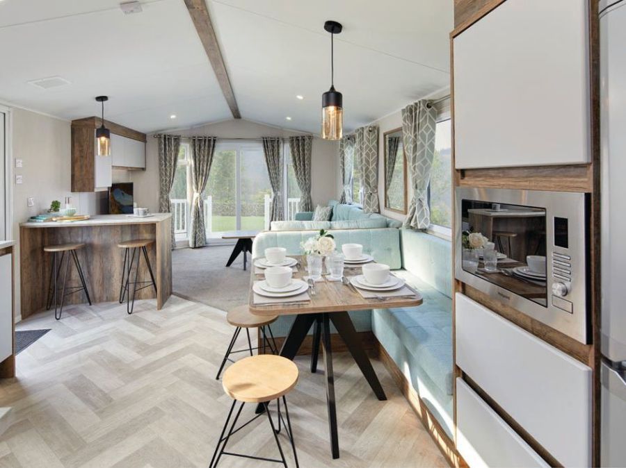 Picture of the kitchen area in a Willerby Brookwood 38 x 12 2 bedroom Static Holiday Caravan sited on Orchard Holiday Park, Wells next the Sea, North Norfolk.